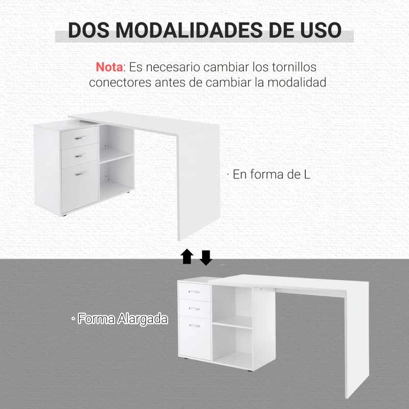 HOMCOM Mesa de Ordenador Escritorio Mesa Esquinera Oficina 2 Formas con 2 Estantes 3 Cajones Mesa de Despacho Escuela Estudio Madera Blanco