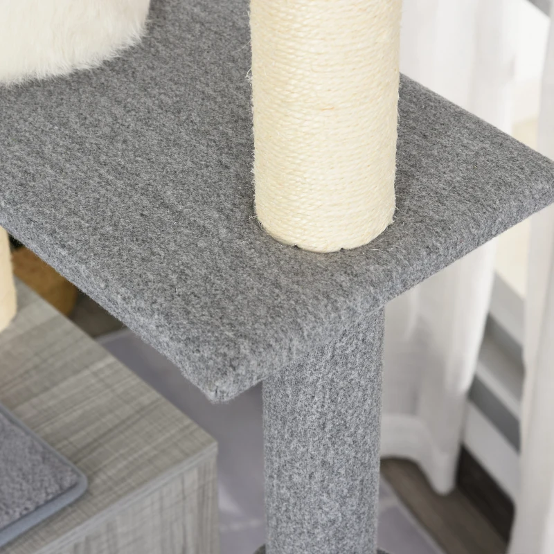 PawHut Tiragraffi per Gatti Multi-attività Morbido con Cuccia Palla Cestino Sospeso in Sisal Peluche Grigio 61x49x160.5cm