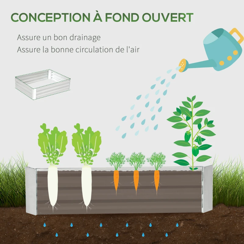 Outsunny Lit de jardin surélevé carré potager en acier galvanisé protection contre mauvaises herbes 120 x 90 x 30 cm argent