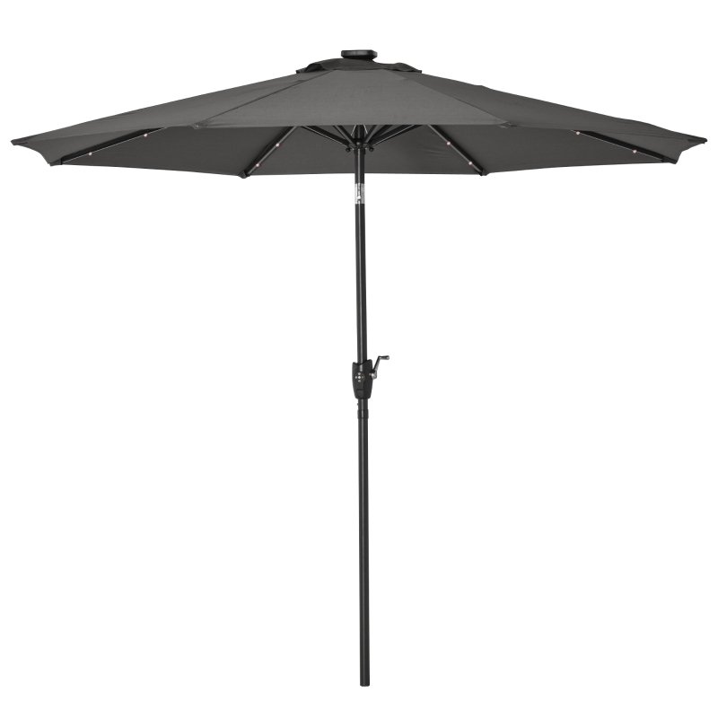 Outsunny Φ2.7m Garden 24 LED Light Parasol Solar Outdoor Tilt Sun Umbrella Patio Club Party Event Manual Sun Shade w/ Hand Crank and 8 Ribs, Grey