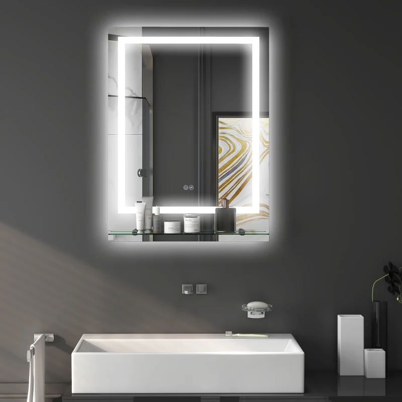 kleankin Large Vanity Mirror with Lights and Shelf, Illuminated bathroom Mirror with 3 Colour Brightness, Smart Touch, Anti-Fog