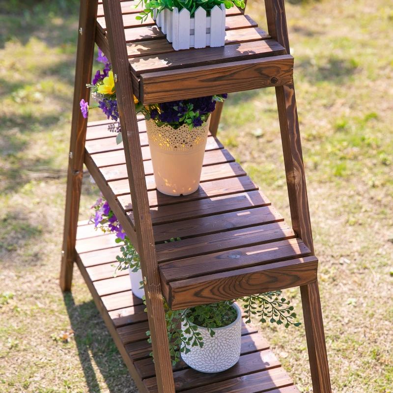 Outsunny Scaffale Porta Vasi a Piramide, Piedistallo per Piante/Fiori, con 3 Ripiani, 86x28x100cm Marrone