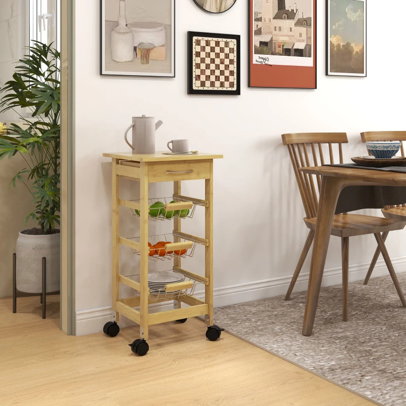HOMCOM Carrello Cucina con Ruote, Cassetto e 3 Cestini a Rete Metallica, 37x37x76cm, Colore Legno