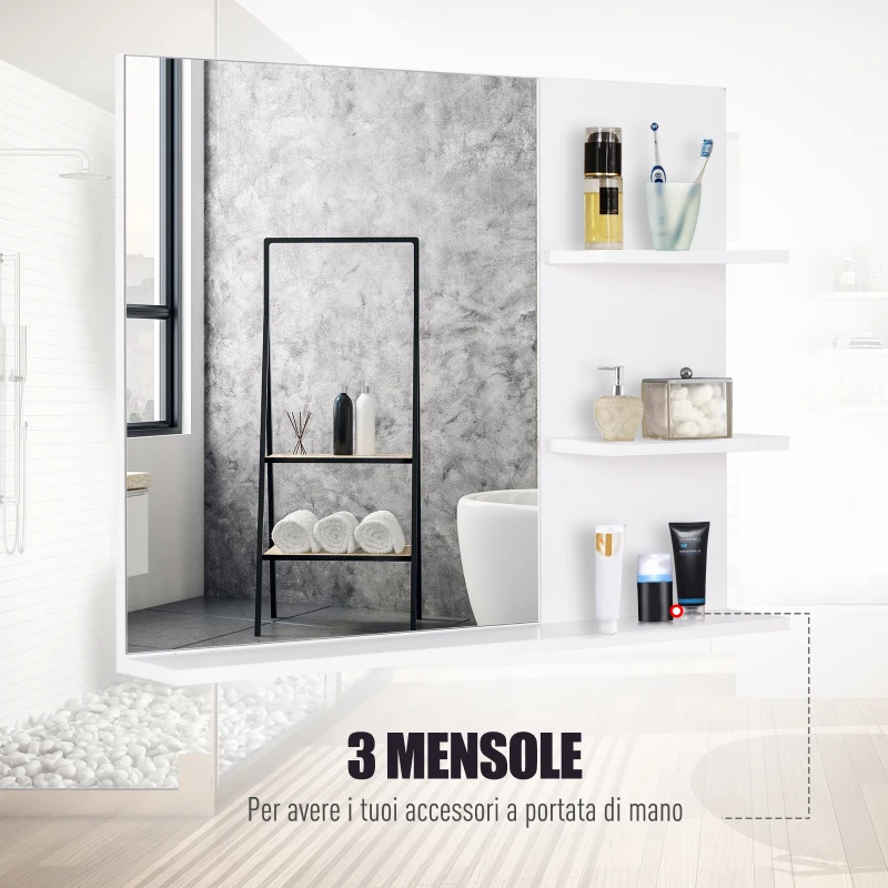 kleankin Mobiletto Pensile Bagno 60 x 10 x 48cm, con Specchio e 3 Ripiani, Armadietto a Parete in MDF Bianco