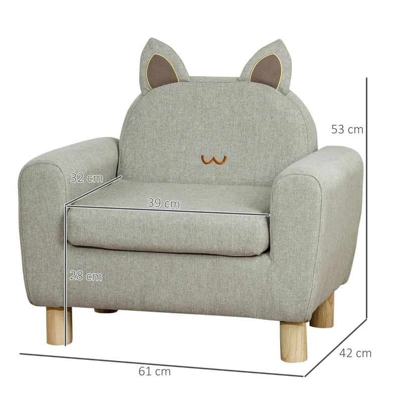 HOMCOM Fauteuil pour enfant canapé chaise enfant design scandinave grand confort avec oreille de chat piètement bois et tissu dim. 61l x 42P x 53H cm gris