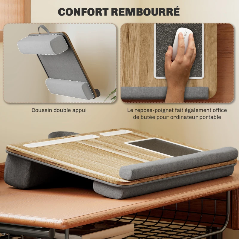 HOMCOM Support ordinateur portable lit avec traversin fente pour tablette ou téléphone tapis de souris repose-poignet poignée
