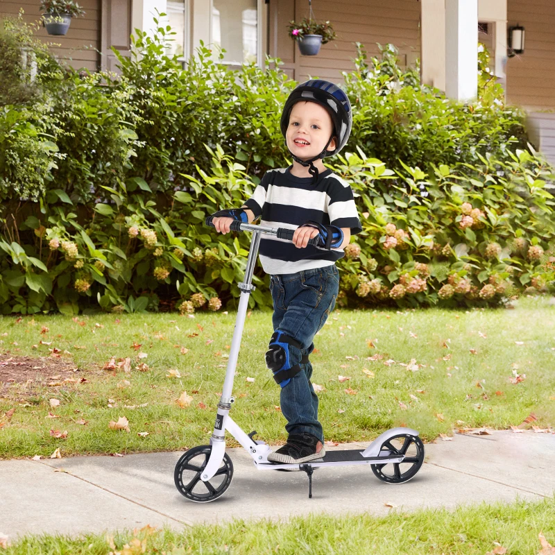 HOMCOM Trottinette Pliable Hauteur Guidon réglable sur 4 Niveaux système de freinage arrière pour enfant adolescent pois max. 100KG dim. 88L x 37l x 75-100H cm Blanc