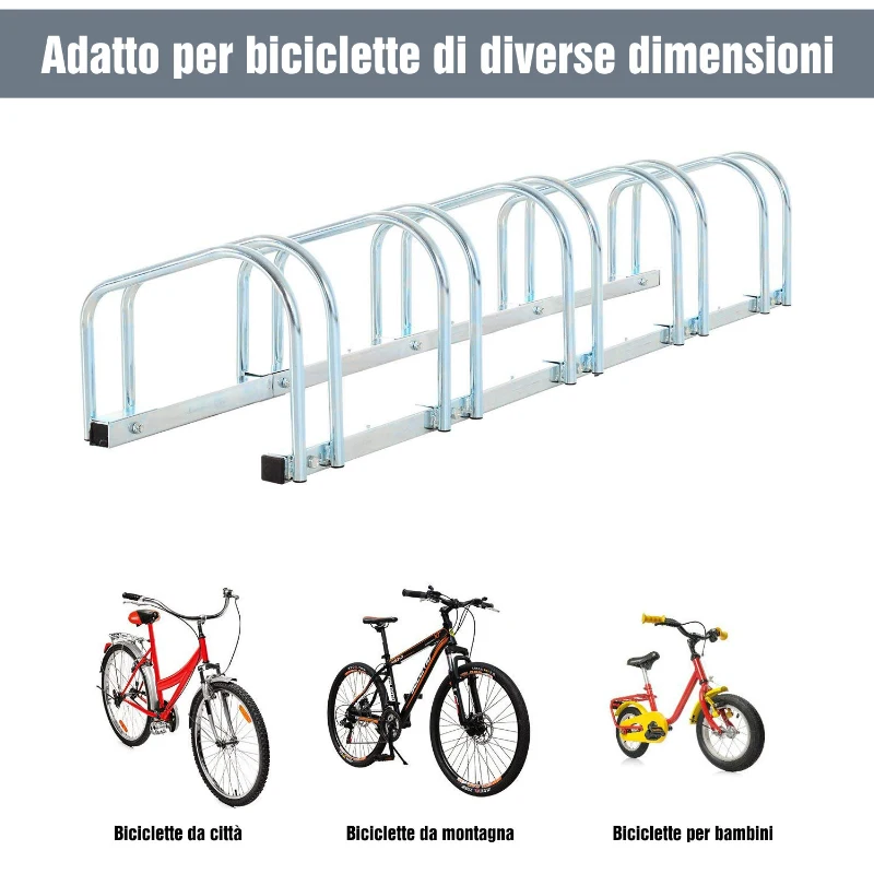 HOMCOM Rastrelliera Biciclette da Pavimento o Parete, Portabici da Terra per 5 Biciclette in Acciaio, Ruote Fino 55 mm, 145x33x27 cm, Argento
