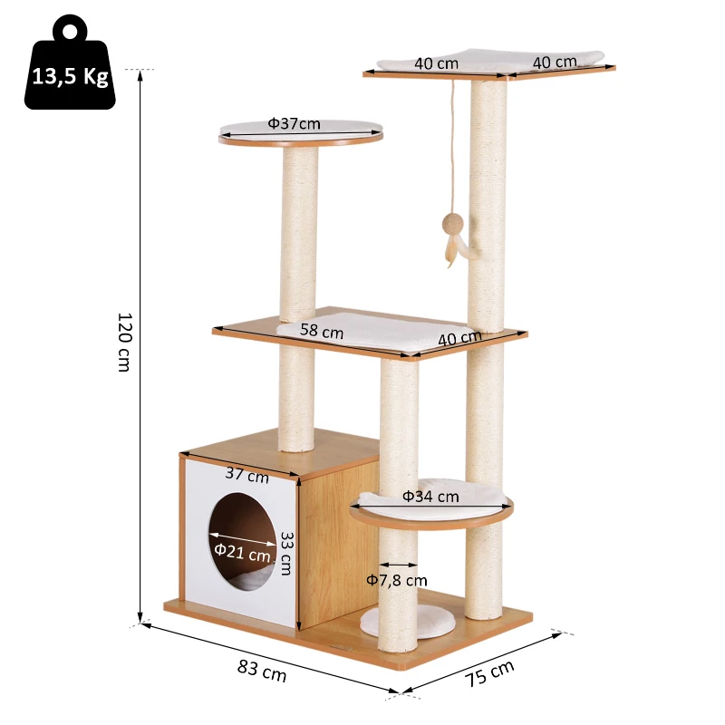 PawHut Arbre à chats design contemporain griffoirs grattoirs sisal naturel centre d'activités niche plate-formes jeu boule suspendue 83L x 75l x 120H cm MDF hêtre clair