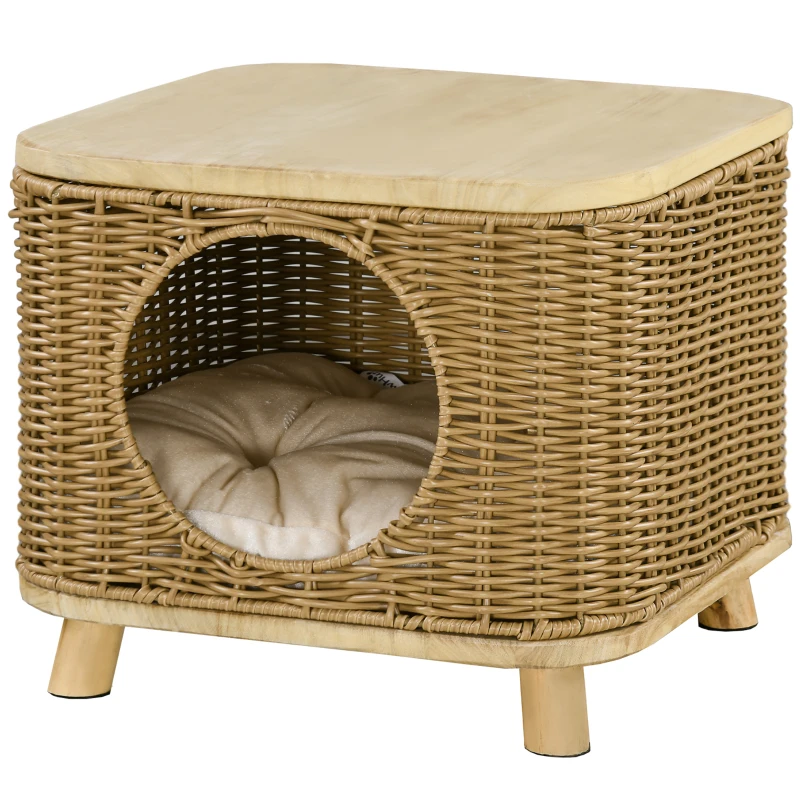 PawHut Elevated Design Wicker Cat House with Washable Cushion, Light Brown