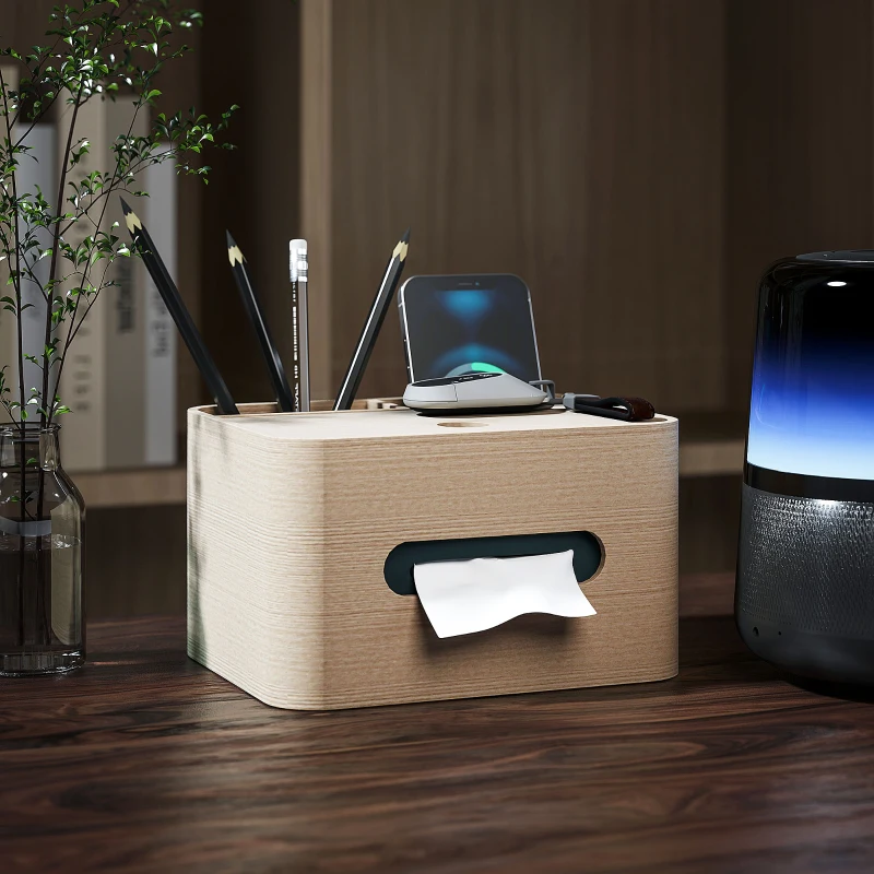 HOMCOM Organiseur de bureau rangement bureau multifonction avec 2 compartiments boîte à mouchoirs en bois naturel