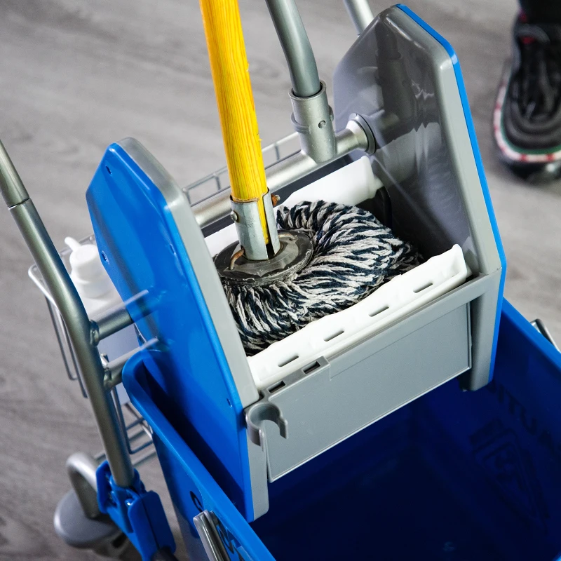 HOMCOM Cubo de Fregona 26 L Cubo Fregado Comercial con Escurridor de Presión Hacia Abajo Ruedas y Cestas de Almacenamiento 73x45x95 cm Azul