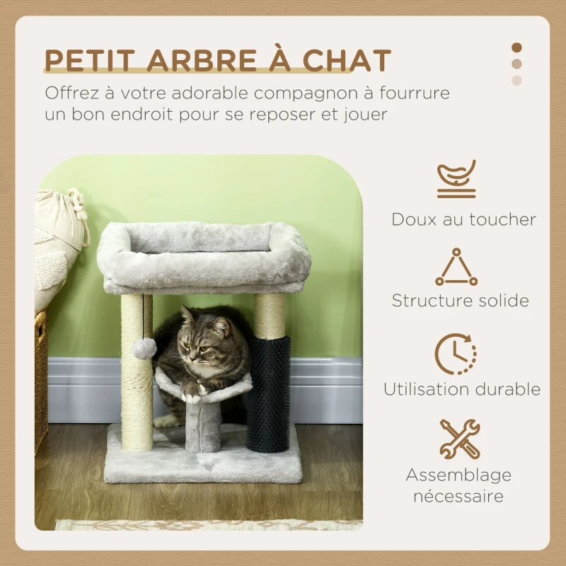 PawHut Petit arbre à chat arbre à grimper tour de jeux hauteur 48 cm poteau en sisal gris avec balle suspendue gris