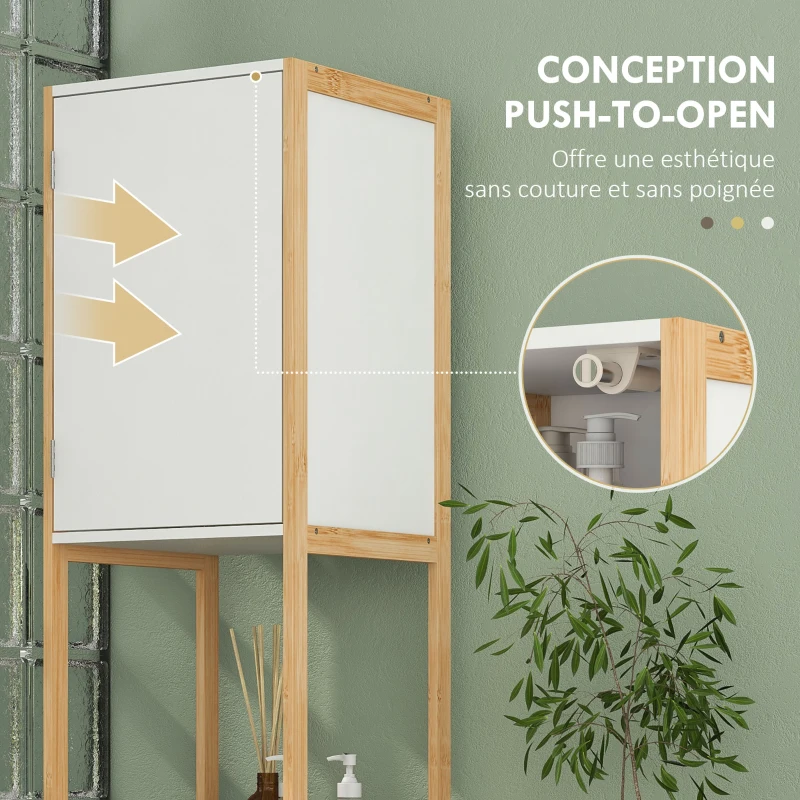 HOMCOM Meuble colonne de salle de bain avec 2 niches et 2 placards étagère réglable, bambou et MDF 33L x 33l x 170H cm blanc