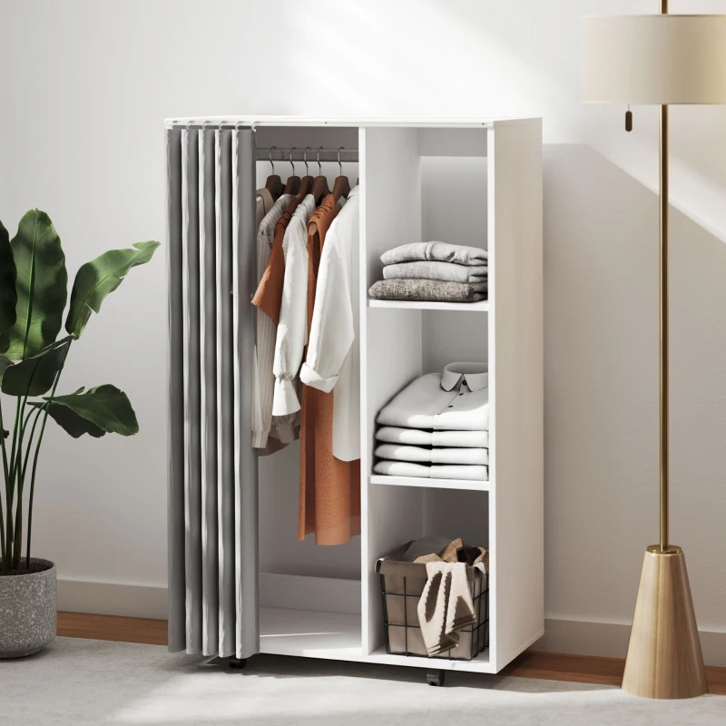 HOMCOM Armoire penderie vêtement dressing mobile 4 roulettes avec tringle à vêtements et étagères ouvertes, blanc(m-7)