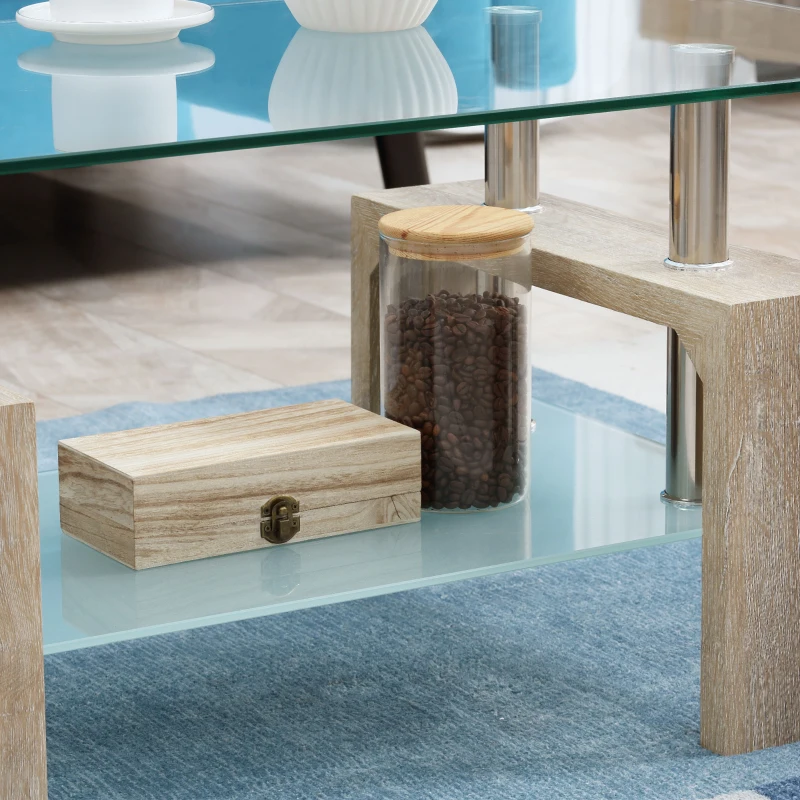 HOMCOM Mesa de Centro Rectangular de Vidrio con Estante Patas de Madera Estilo Moderno 90x50x42 cm Madera Natural