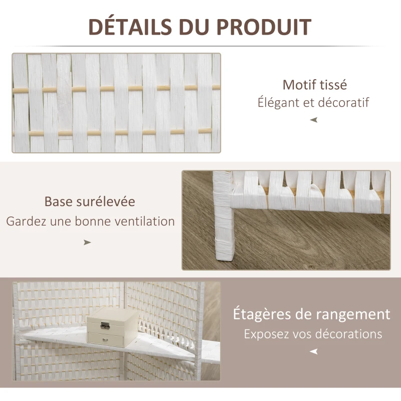 HOMCOM Séparateur de pièces 4 panneaux 2 étagères pliables blanc paille