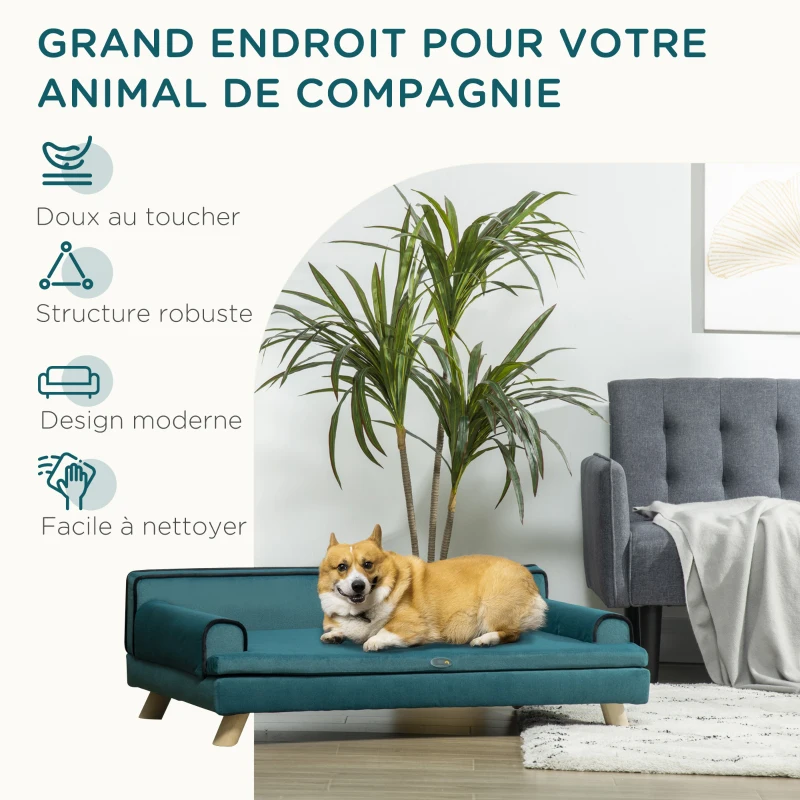 PawHut Canapé pour chien chat design scandinave coussin moelleux amovible pieds bois massif 100 x 62 x 32 cm bleu canard