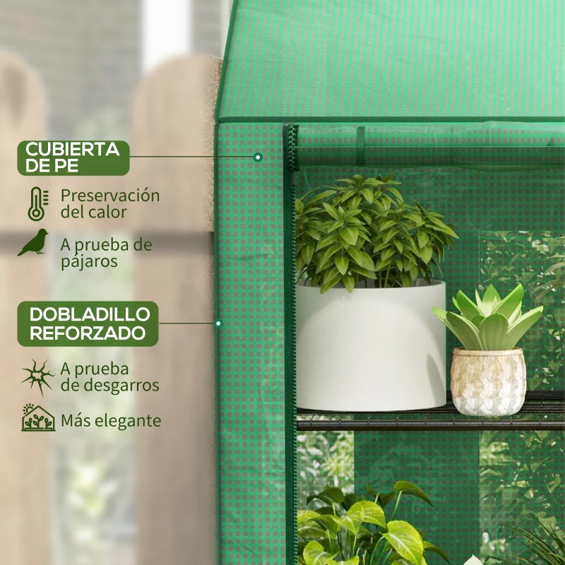 Outsunny Invernadero de Jardín de 3 Niveles con Estantes Techo Inclinado y Puertas con Cremallera 143x46x141/151 cm Verde