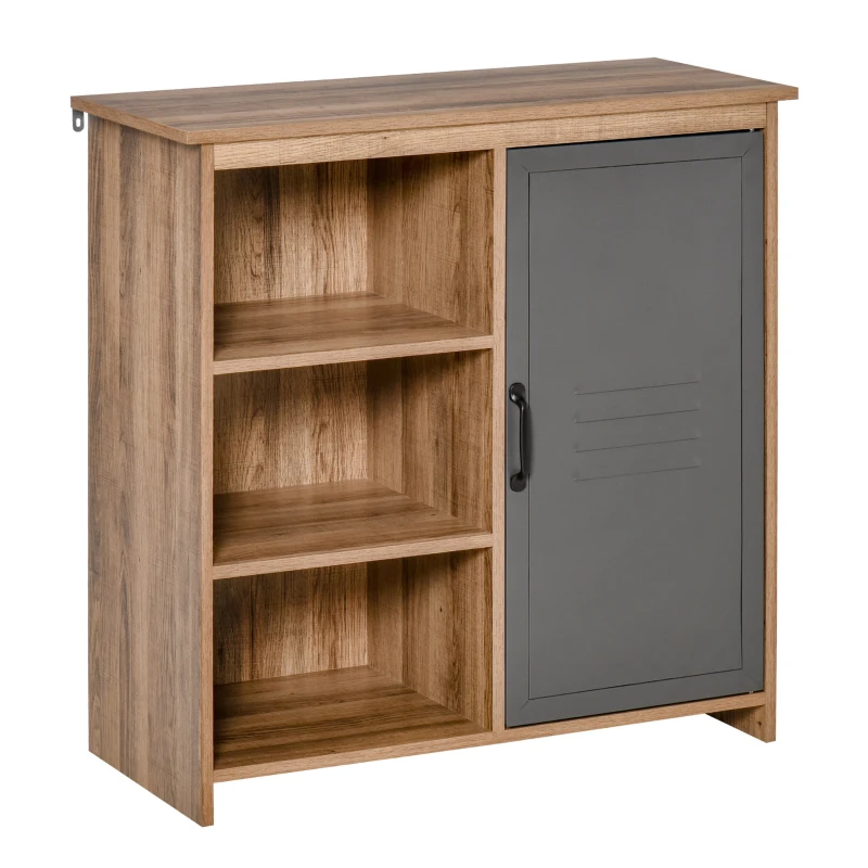HOMCOM Mobiletto Multiuso con Ripiani e Armadietto in Legno con Anta in Metallo, Mobile per Soggiorno e Cucina, 80x35x82cm, Marrone Grigio