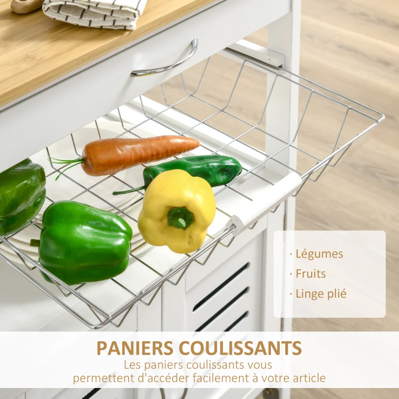 HOMCOM Chariot de service desserte de cuisine à roulettes meuble de rangement avec plateau en bambou panier en métal et armoire avec 2 portes persiennes dim. 58L x 37l x 83H cm - blanc