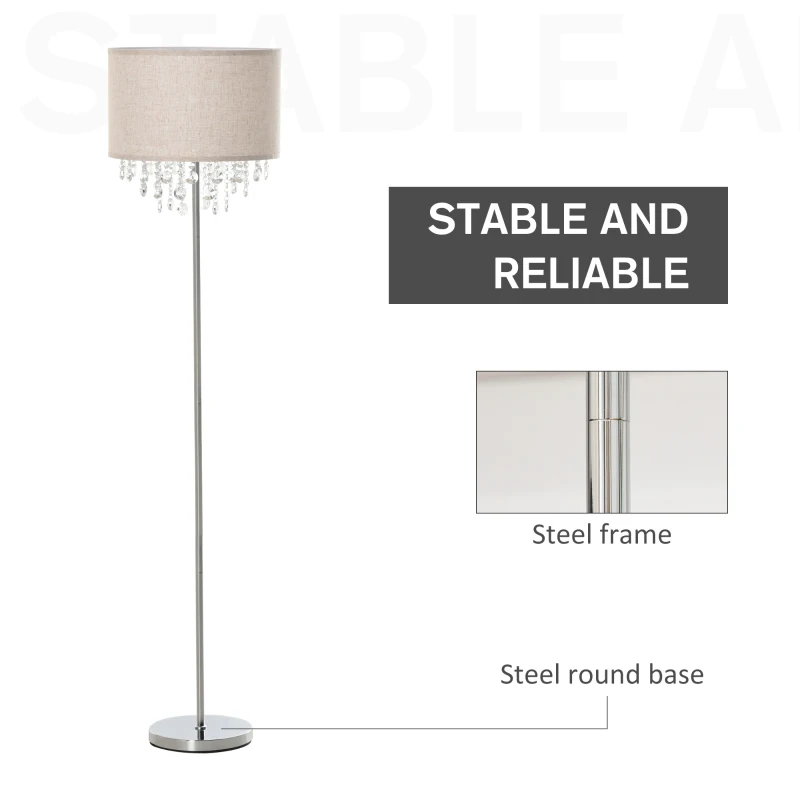 HOMCOM Modern Steel Floor Lamp with Crystal Pendant Fabric Lampshade Floor Switch, Home Style Standing Light for Living Room, Entrance, Office, 164CM, Silver and Cream White