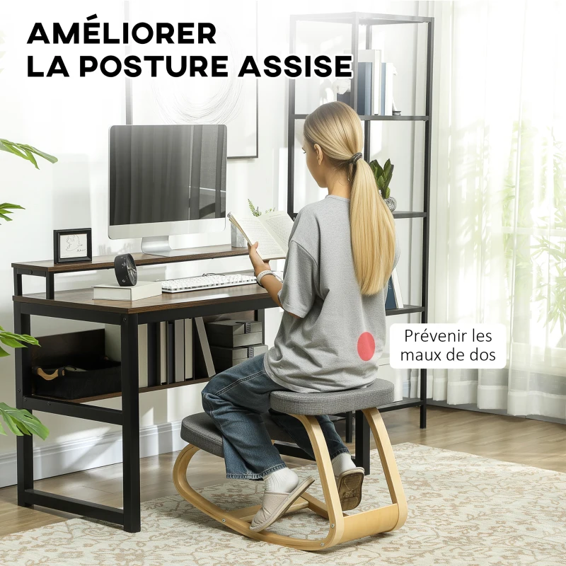 HOMCOM Siège assis genoux, siège ergonomique en bois à bascule, chaise à genoux pour bureau à domiciles, gris
