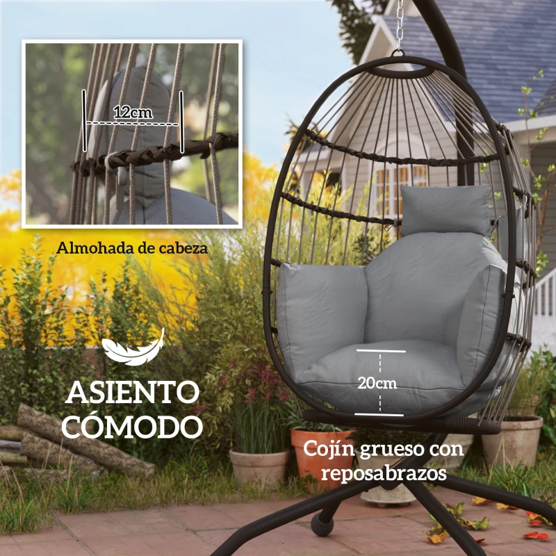 Outsunny Silla Colgante con Soporte Cesta Plegable Cojín y Reposacabezas para Interior y Exterior Carga 120 kg Gris