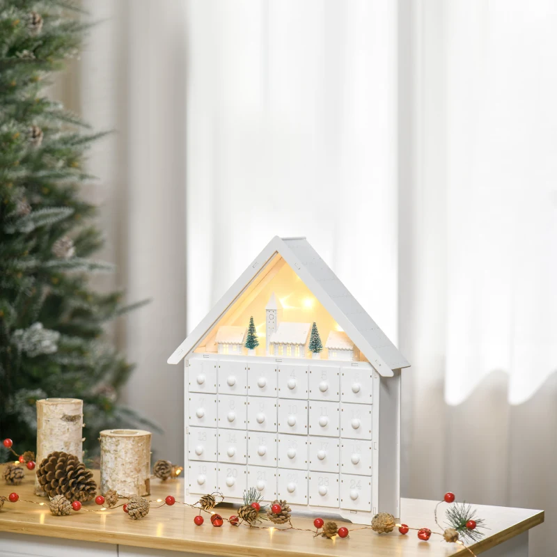 HOMCOM Calendrier de l'Avent LED - 5 lumières Blanc Chaud - 24 tiroirs - décoration Lumineuse de Noël - Blanc