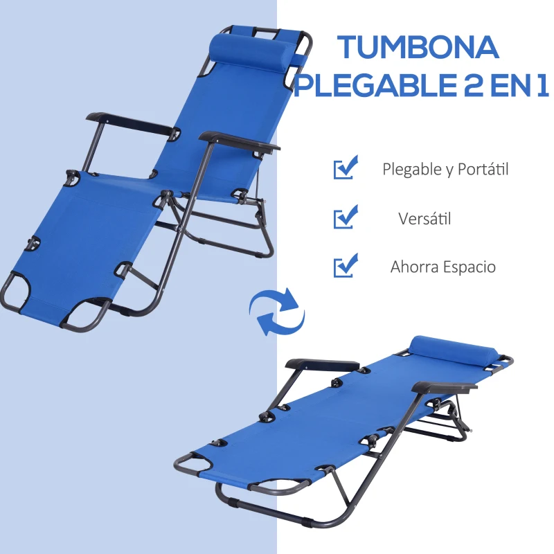 Outsunny Tumbona Relax Plegable con Respaldo Ajustable Reposabrazos Almohada y Reposapiés Carga 136 kg 135x60x89 cm Azul