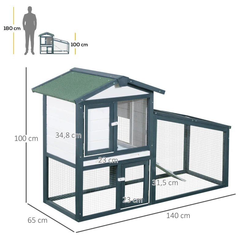 PawHut Conejera de Madera Exterior Jaula para Conejos de 2 Niveles con Bandeja Extraíble y Múltiples Entradas Techo de Asfalto Cobayas Gallinas 140x65x100 cm Verde