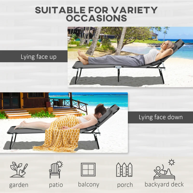 Outsunny Outdoor Folding Sun Lounger Set of 2 with Face Hole, 4 Level Adjustable Backrest Reclining Garden Lounger, Garden Recliner Sunbed with 600 D Oxford Cloth Seat and Pillow for Beach, Dark Grey
