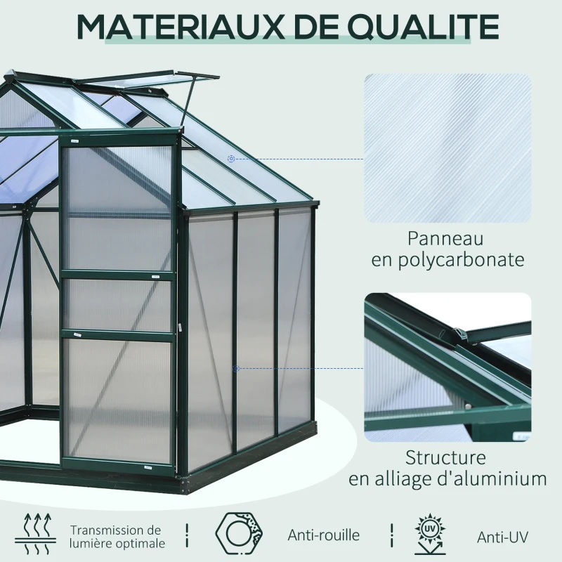 Outsunny Serre de jardin polycarbonate 190 x 192 x 201 cm résistant aux UV 30+ fondation renforcé gouttière vert foncé