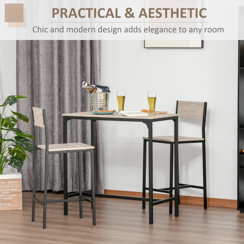 HOMCOM 3-Piece Bar Table Set with 2 Stools, Industrial Breakfast Bar Set with Footrest, Backrest for Dining Room, Small Space