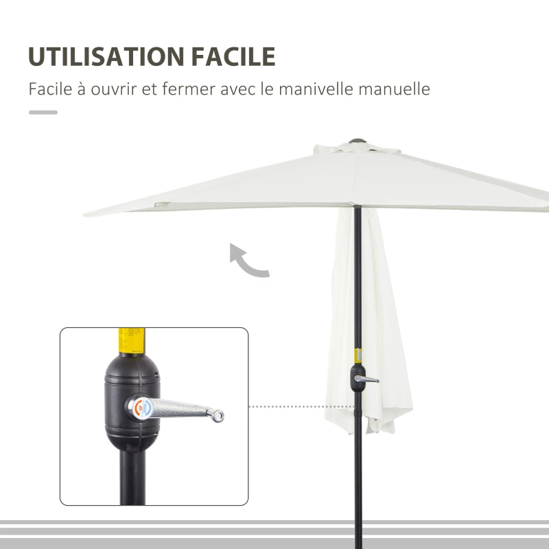 Outsunny Demi-Parasol Ø 2,7 m parasol de balcon 5 entretoises métal polyester crème