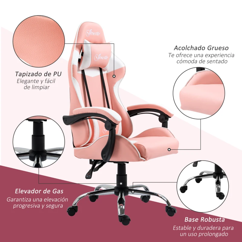 Vinsetto Silla Gaming Silla de Escritorio Reclinable 135° Reposacabezas y Cojín Lumbar  63x67x122-130 cm Rosa