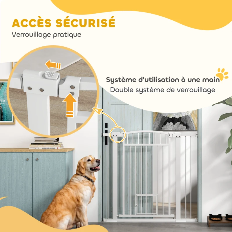 PawHut Barrière de sécurité chien système de double verrouillage montage par pression ou perçage largeur 76-104 cm blanc
