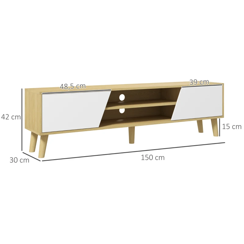 HOMCOM Meuble TV pour télévision jusqu'à 65 pouces design scandinave 2 portes 2 niches avec passe-câbles 150 x 30 x 42 cm