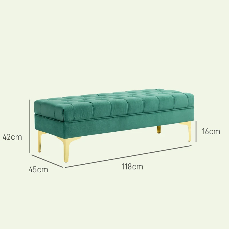 HOMCOM Panca Fondo Letto Imbottita con Rivestimento Trapuntato in Tessuto Effetto Velluto, 118x45x42 cm, Verde Scuro