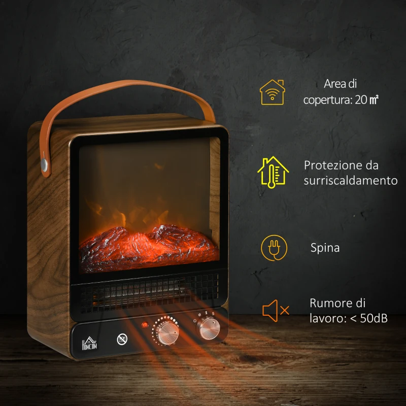 HOMCOM Camino Elettrico con Fiamma LED, 3 Modalità di Riscaldamento e Interruttore di Sicurezza, 30.3x17.5x37.4 cm