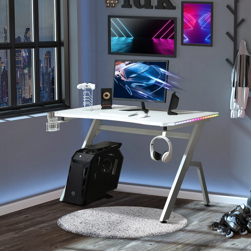 HOMCOM RGB 120 x 66cm Gaming Desk, Computer Table with Carbon Fibre Surface, Headphone Hook, Cup Holder, Controller Rack, Home Office Desk, White