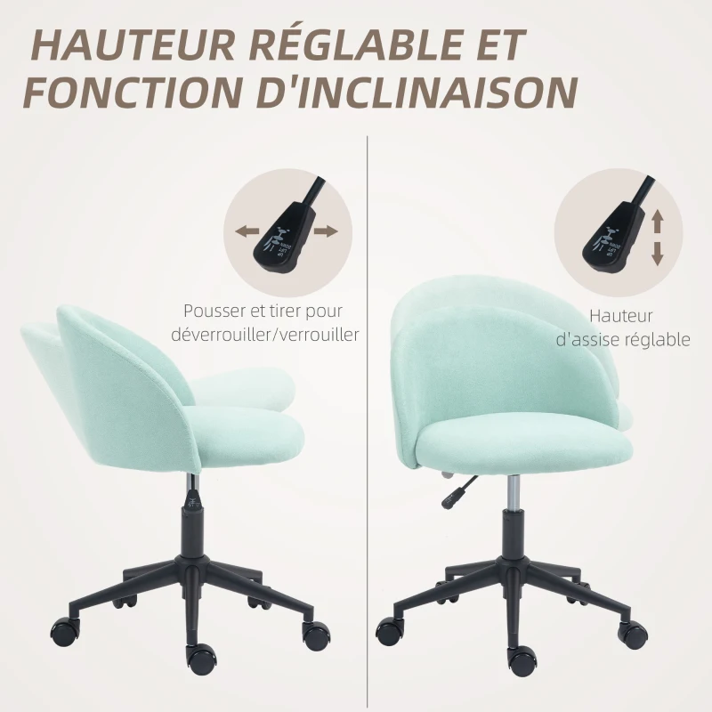 HOMCOM Chaise de bureau fauteuil de bureau en aspect velours rotative 360° hauteur assise réglable 56 x 59,5 x 66-75,5 cm vert