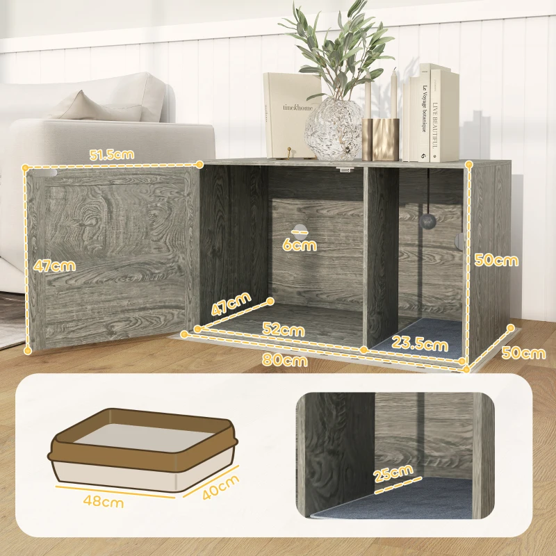 PawHut Cat Litter Box Enclosure with Rattan Door, Scratching Mat, Toy Ball, Non-Slip Foot Pads, Grey