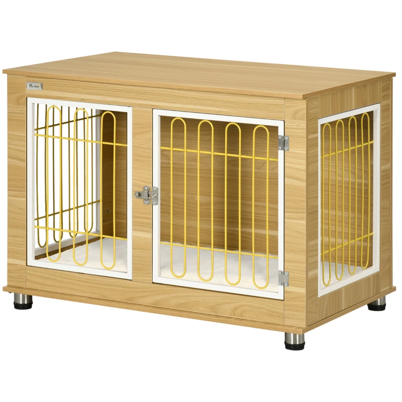 PawHut Dog Crate Furniture, Dog Cage End Table. with Soft Cushion, Double Door - Oak Tone
