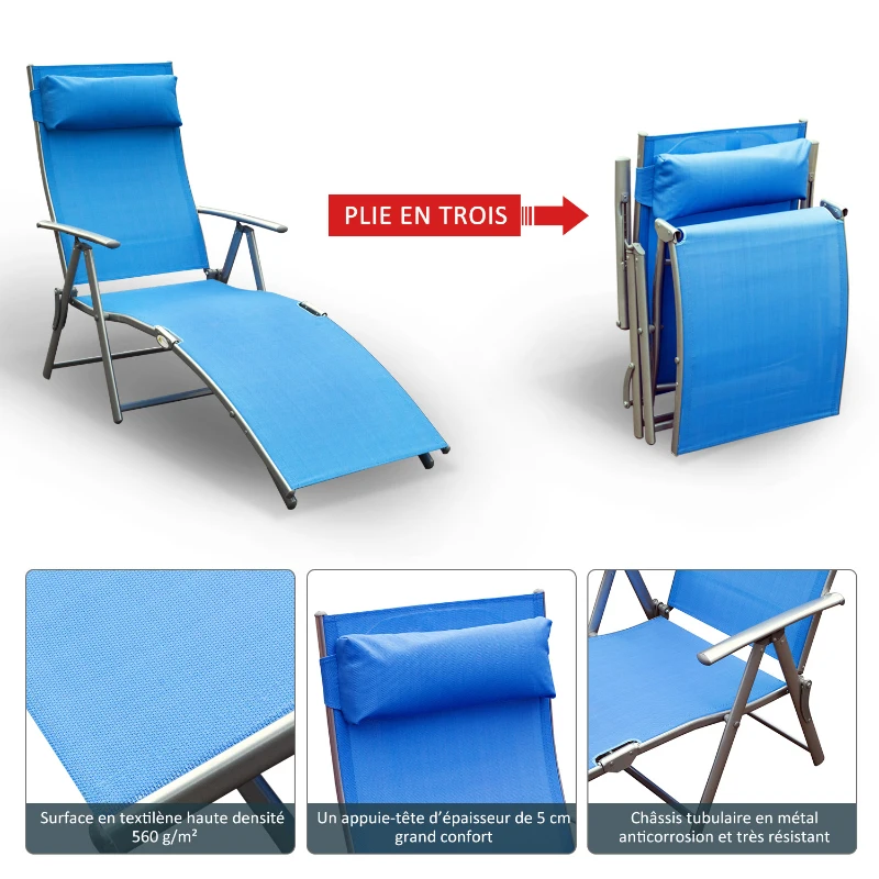 Outsunny transat Chaise Longue Bain de Soleil Pliable Dossier inclinable Multi-Positions têtière fournie 137L x 64l x 101H cm métal époxy textilène Bleu