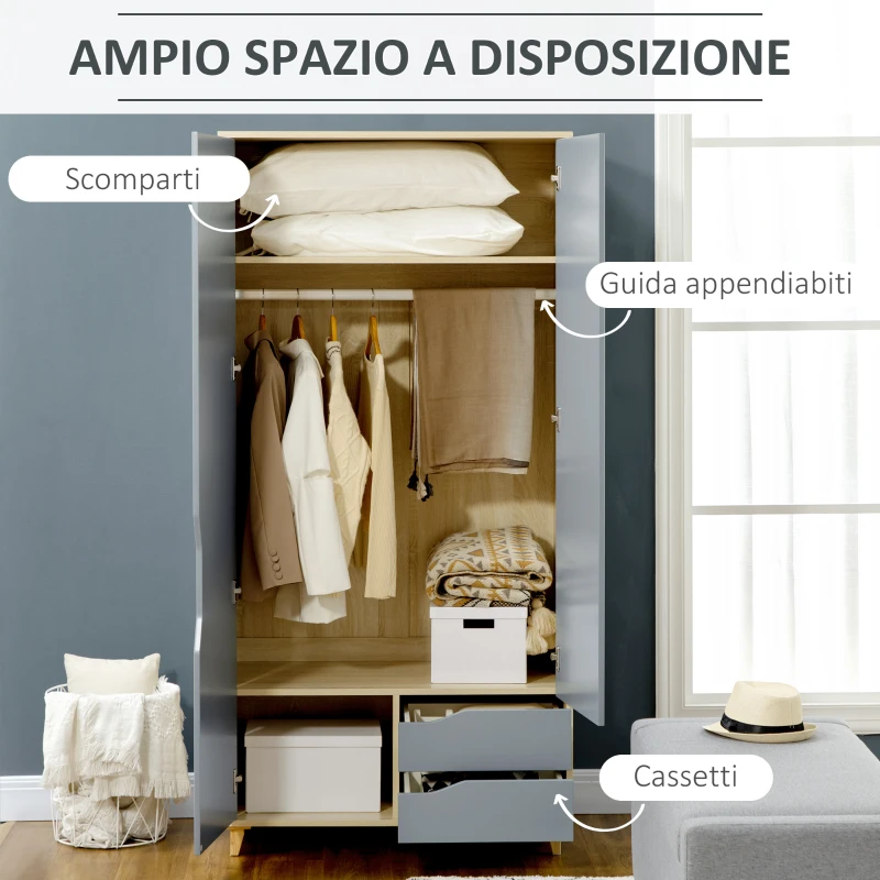 HOMCOM Guardaroba a 2 Ante in Truciolato e MDF con Binario, 3 Ripiani e 2 Cassetti per Soggiorno e Camera, 88.9x50.1x184.5 cm