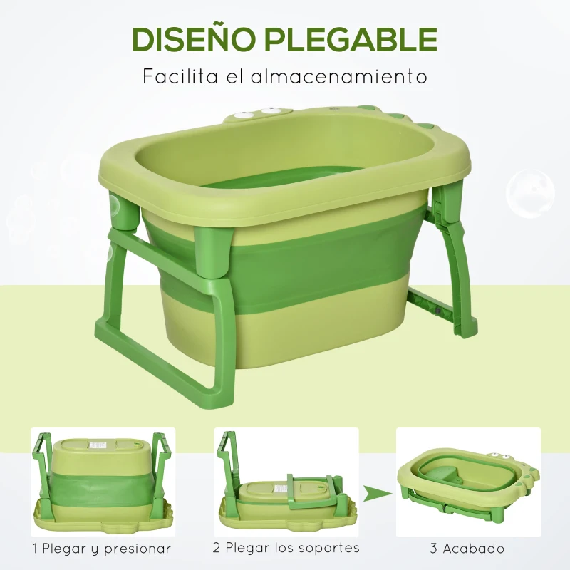 HOMCOM Bañera Plegable para Bebé Bañera Portátil para Niños con Patas Antideslizantes 75,3x55,4x43 cm Verde