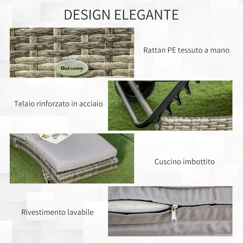 Outsunny Sdraio da Giardino in Rattan PE con Schienale Regolabile e Cuscino, 207x70x70cm, Grigio
