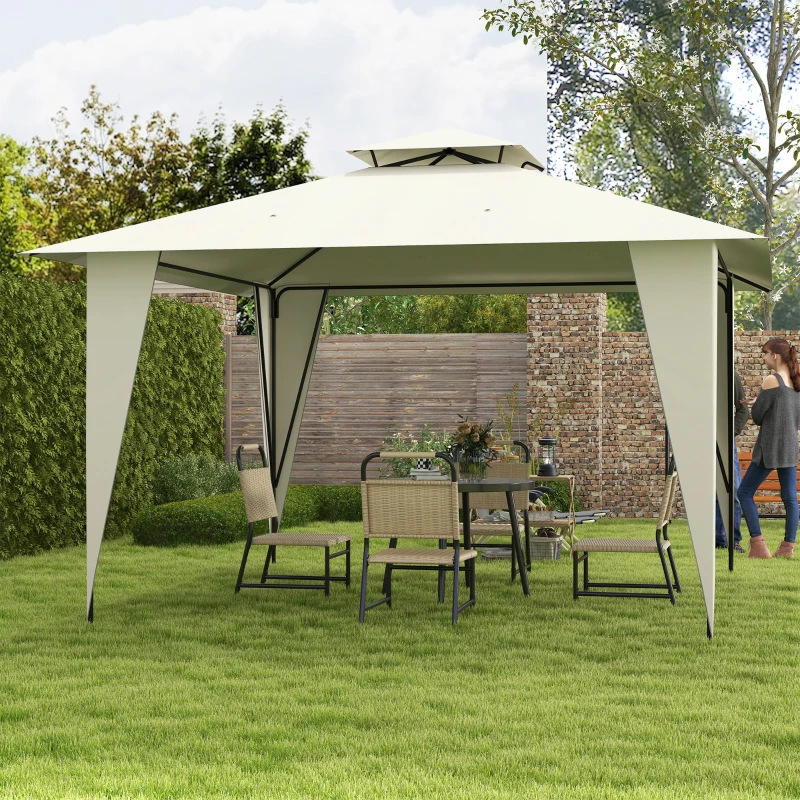 Outsunny Gazebo da Giardino 3.5x3.5m in Metallo e Poliestere Beige con Doppio Tettuccio