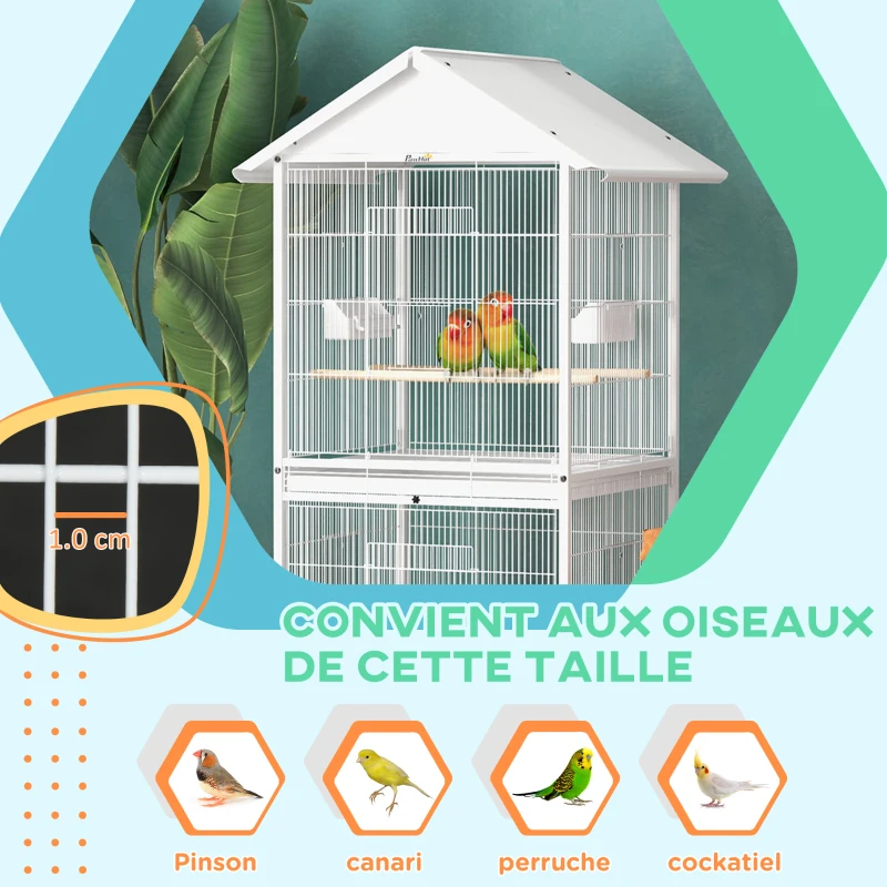 PawHut Volière cage à oiseaux sur roulettes design maison mangeoires perchoirs portes plateaux excréments amovibles métal